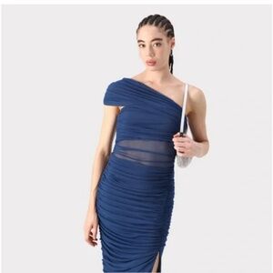 Abercrombie blue mesh asymmetrical ruched midi dress L